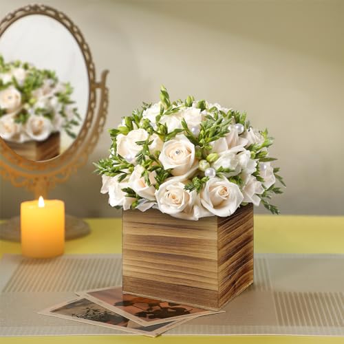 Suzile 12 Set 4 Inch Wooden Planter Box Flower Square vases for Centerpiece Rustic Cube Planter Box with Removable Foam Blocks Liner Square Vase Craft for Garden Home(Burn Wood Color) - color: Burn Color, size: 4 Inch