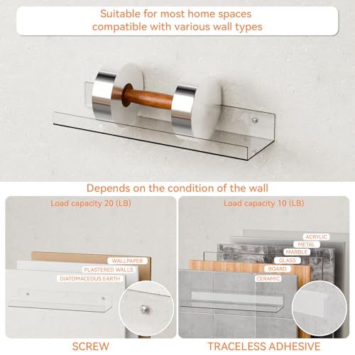 6 Pack Clear Acrylic Shelves for Wall with Adhesive,15 Inch No Drill Floating Shelves for Bathroom,Bedroom,Renter Friendly,Kids Room Bookshelf,Wall Display Shelf for Lego,Funko Pop,Figurine,Perfume - size: 15 Inch - 6 Pack