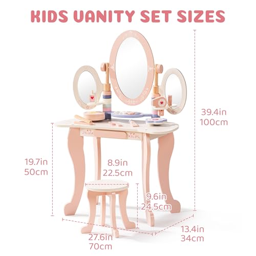 ROBOTIME Kids Vanity Set with Mirror and Stool – Wooden Pink Makeup Table with 11 PCS Accessories – Play Beauty Dresser with Mirrors, Drawer– Kids Vanity Table and Chair Set for Girls Ages 3+