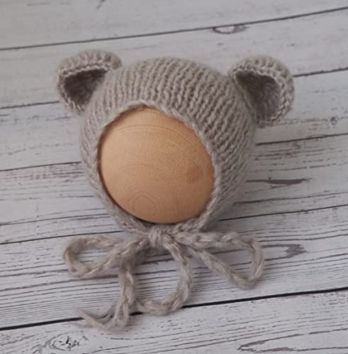 Newborn Photography Props Boys Girls Outfits Mohair Bear Hat Bonnet & Footed Romper Bodysuit Photoshoot Costume Set - color: Gray