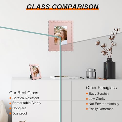 4x4 Picture Frame with Mat for 3x3, Wavy Edge Wooden Real Glass Photo Frame for Tabletop and Wall Hanging, Pink, 1 Pack - color: Pink, size: 4x4 in