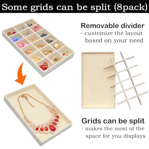 8 Pack Stackable Jewelry Organizer Tray Velvet Jewelrry Storage Drawer Insert Earring Stacking Trays for Dresser 18 Grids - color: Beige