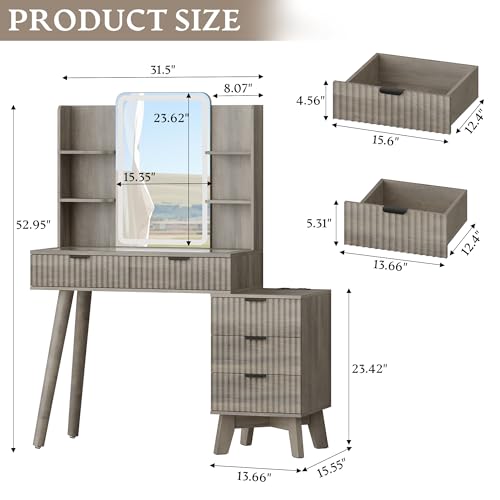 Xixini Fluted Vanity Desk with Mirror and Lights, Glass Top Makeup Table Set with 5 Drawers, Power Outlet & Storage Cabinet, Large Dressing Table with RGB Ambient Light for Bedroom Women Girls, Grey - color: Grey, size: 5 Drawers