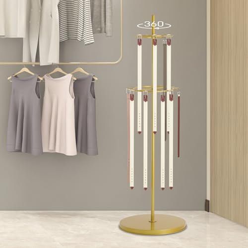 66.1 Inch Tie Rack Belt Display Shelf, 360° Rotation Floor Standing Belt Hanger 2 Tier Retail Scarf Stand Jewelry Necklaces Organizer Shawls Purse Shelf for Clothing Store Home (Gold) - color: Gold
