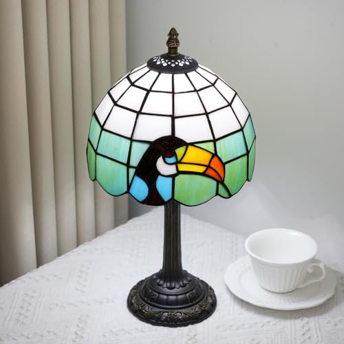 Small Tiffany Lamp Stained Glass Table Lamp 8 Inch Vintage Green Toucan Pattern with Orange Blue Accents Cute Unique Bedside Nightstand Light for Bedroom Small Spaces Ambient Lighting - color: stained glass Lamp O