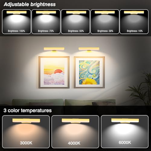 6Pack Wireless Picture Light with Remote,Battery Operated Wall Sconces for Wall Decor,3 Color Timer&Dimmable Paintings Light LED Art Display Lamp Picture Frame Light for Artwork Posters Gallery-Gold - size: 6Pack Gold