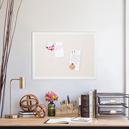U Brands Bulletin Board, 18 x 24 Inch Linen Fabric Pin Board, Farmhouse White Wood Style Frame, Wall Message Center & Vision Board for Farmhouse Decor, Home Office, Classroom, Includes Push Pins - style: 24"x18" Natural Linen