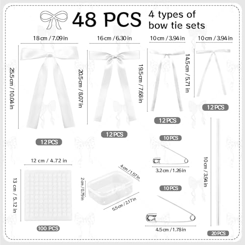 48Pcs White Bow Wall Decor, Satin Ribbon Bow Birthday Decorations Photo Backdrop Party Decor for Birthday Baby Shower Bachelorette Wedding Party Room Bedroom - color: White