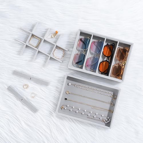 ProCase Stackable Jewelry Organizer Trays for Drawers, Jewelry Drawer Inserts Container Display Case Storage for Earring Necklace Ring Bracelet Sunglasses Glass -Grey, 4 Layers - color: Dark Grey, size: 4 Layers