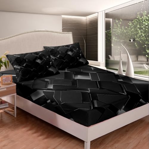 jejeloiu Black Geometric Fitted Sheet Queen Size Kids Stereoscopic Square Bed Sheets Set for Boys Girls Teens Neon Bedding Set Breathable Modern Art Bedroom Decor - color: Black, size: Queen