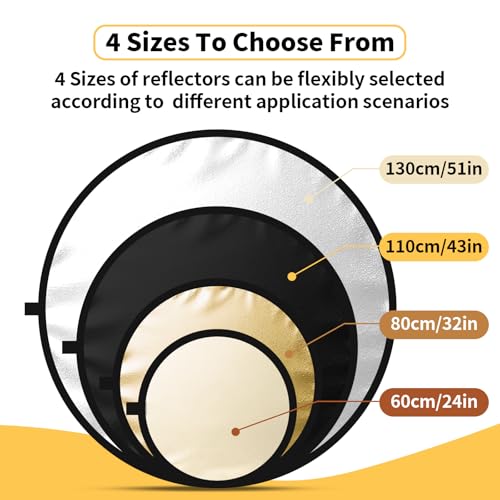 24/32/43/52in Reflector Photography,5 in 1 Light Diffuser with Panel &Bag Light Reflectors for Photography, Ideal for Content Creator Essentials&Photographer in Silver,Gold,White and Black - size: 24inch/60cm