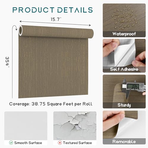 VEELIKE 15.7''x354'' Brown Grasscloth Peel and Stick Wallpaper Textured Grass Cloth Wallpaper Prepasted Removable Grasscloth Contact Paper Brown Vinyl Linen Wall Paper for Bedroom Bathroom Walls - color: Brown, size: 15.7" x 354"