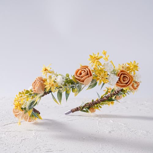 Yellow Flower Crown Headband - Rose Flower Headband Renaissance Fairy Floral Headpiece for Women Girls Weeding Birthday Party Cosplay Photo Prop - color: Yellow