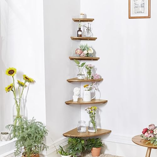 Corner Shelf, Solid Oak Wood Floating Corner Shelf Wall Mount Round End Floating Speaker with Wire Hole for Small Plant Photo for Bedroom Kitchen, Living Room - color: Oak, size: 8.7in