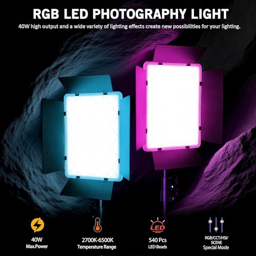 NiceVeedi 2-Pack RGB Photography Lighting with 20 Effects, 40W/360° Full Color/2700-6500K Studio Lights with Remote & Display, Video Light for Video Recording/Photography/Streaming/YouTube/TikTok - color: 2 Packs