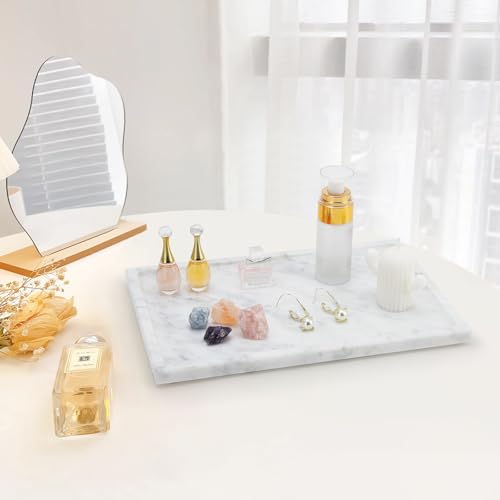 Real Luxurious Natural Marble Tray - 12x8 Inch Marble Vanity Tray for Perfume Display, Jewelry Organizer, Bathroom & Home Decor -Heavy Duty Non-Slip Stone Tray (Non-Resin/Non-Ceramic) - color: White