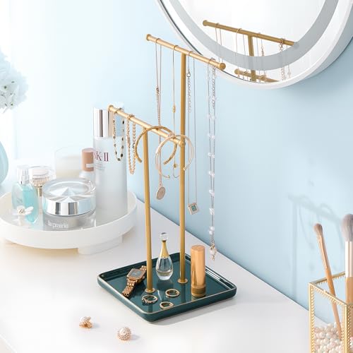 Lolalet Necklace Holder, Jewelry Display Stand with Ceramic Base Tray Jewelry Organizer Tree for Necklaces Bracelets Earrings Rings -Green, 2 Tiers - color: Green, size: 2 Tiers