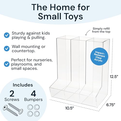 SimplyImagine Triple Acrylic Toy Dispenser for Kids - Self-Serve Snack & Toy Foam Blasters, Car Storage for Wall or Countertop - Clear 3-Compartment Hanging Organizer for Playroom & Nursery - 12.5" H - size: Triple Divided