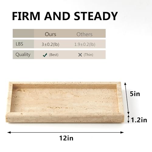 Real Natural Travertine Tray for Bathroom, Vanity, Kitchen and Desktop, Rectangle Genuine Marble Stone Tray for Jewelry, Cosmetics, Candles, Lotion, Perfume and Home Decor, 12"x5" Size - color: Travertine, size: 12" x 5" x 1.2"