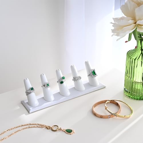MOOCA 2 Pcs Set Ring Organizer for Showcase Display Drawer 5 Long Ring Storage Holder Jewelry Display Stands Showcase Jewelry Storage Counter, White Leatherette, 8 W x 2 1/8 D x 2 1/2 H in - color: 2) White Faux Leather