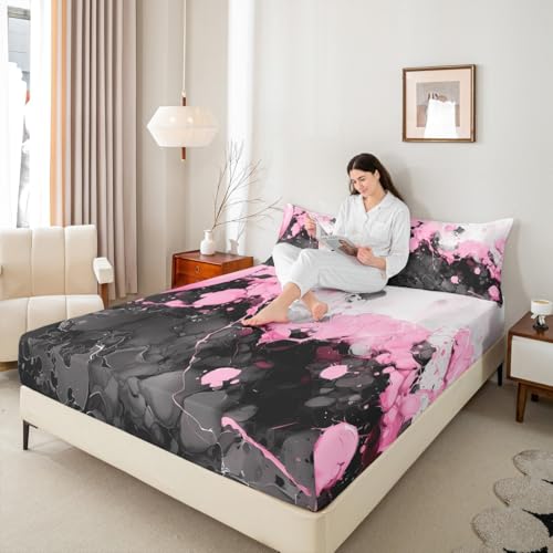 Abstract Art Fitted Sheet Light Pink Bed Sheets | Ombre Marble Texture Ink Fluid Art Gradient Black Marbling Sheets Queen Size Bed Set - color: Light Pink, size: Queen