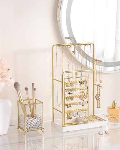 ProCase Jewelry Stand Holder Organizer, Jewelry Display Storage with Ring Tray, Rotating Earring Bracelet Necklace Holder, Valentine's Gifts Room Dorm Decor for Teen Girls -Gold (No-Assembly) - color: Gold