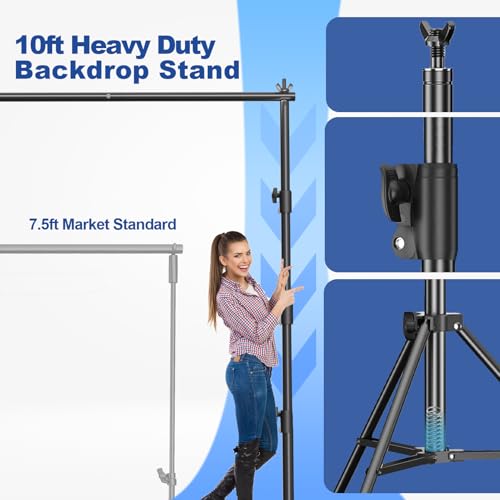 Photo Video Studio 10 x 10ft Heavy Duty Backdrop Stand, Adjustable Photography Background Support System Kit with Shock-Proof Spring, Carrying Bag, 6 Clamps - size: 10×10ft
