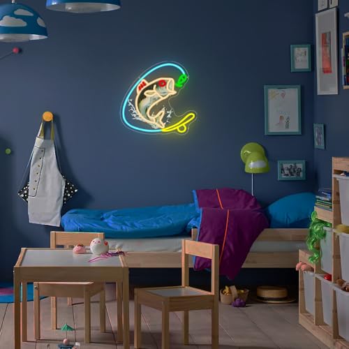 Fishing Neon Sign, Gone Fishing Led Neon Sign Light for Wall Decor Fish Hook Man Cave Light Up Sign Party Decorations for Gear Store Angler Teen Boy Dad Husband Gift Dimmable USB Powered(13.8"*10.6") - style: Fishing