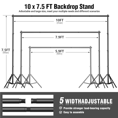 Backdrop Stand 10 x 7.5 FT for Photography Studio, Adjustable Photo Backdrop Stand Kit for Parties, Background Stand with Sandbags, Spring Clamps, Carrying Bag - size: 10x7.5 FT