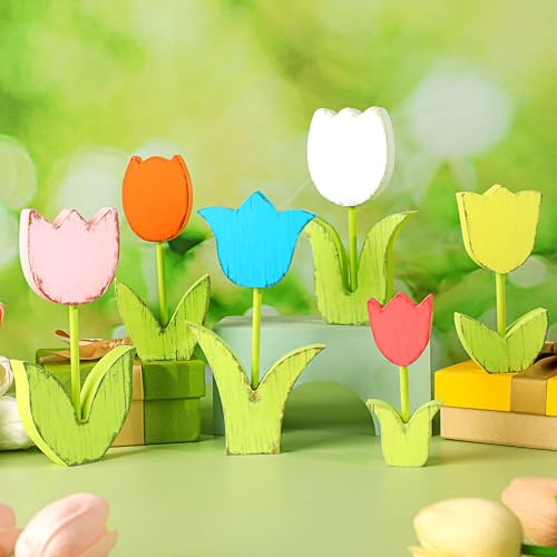 Kigley 6 Pcs Retro Spring Tulips Wood Signs Rustic Farmhouse Tulip Table Centerpiece Multicolor Floral Block Tabletop Signs Spring Decoration for Home Mantel Table Tiered Tray Decor