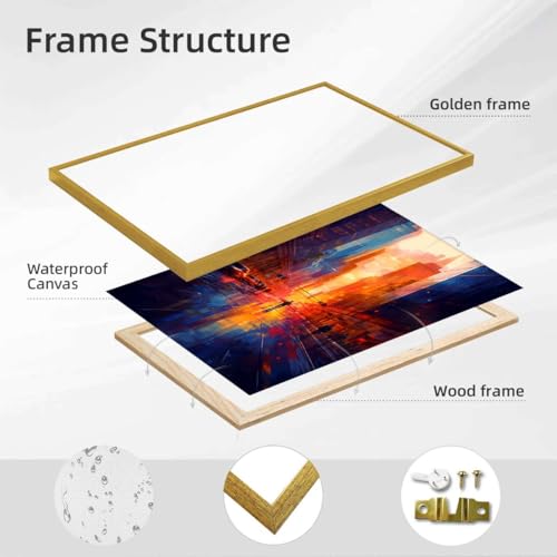 Framed Sunset Cityscape Canvas Print Modern Contemporary Poster Wall Art Stunning Painting Pictures Wall Decor for Living Room Office Home Decoration (16L x24W,Gold Framed) - size: 16l"x24w"