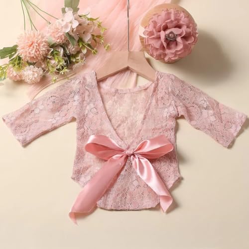 Newborn Photography Outfits Girl Newborn Photography Props Lace Romper with Headband Infant Photo Shoot Outfits Girls Photo Props Baby Girl Photoshoot - color: Bow Pink