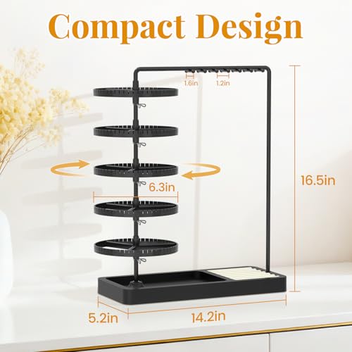 EsLuker.ly Earring Holder Organizer Necklace Display Stand, Jewelry Tree Rack Storage with Wooden Ring Tray for Women Vendors Selling, 5 Tier Plastic Rotating Earring Tower, Black+Black - color: Matte Black