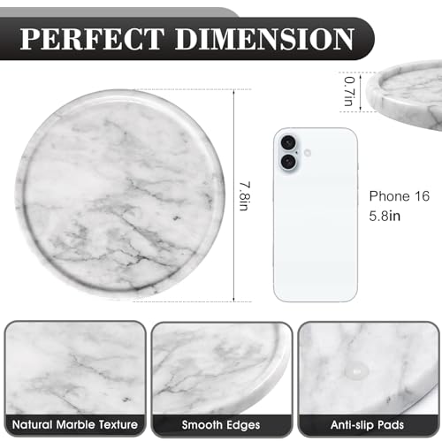 Natural Round Marble Tray - 7.8" Marble Vanity Tray for Dresser, Bathroom, Decorative Jewelry Dish for Perfumes Rings Earrings Necklaces, Stone Tray for Home Décor, White - color: White