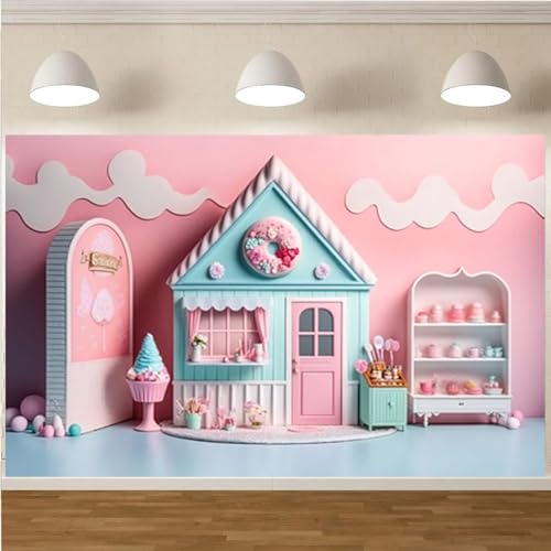 Pink Ice Cream Shop Candy House Background for Photoshoot Girl Birthday Party Decoration Children Happy First 1st Birthday Party Backdrop Summer Candy House Baby Shower Backdrop (5X3FT) - size: 5X3FT