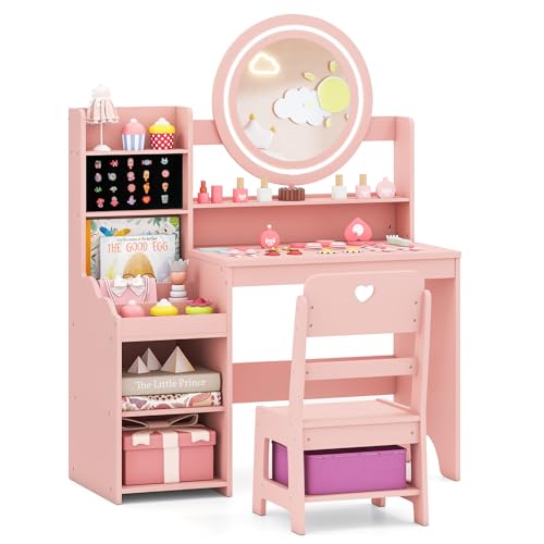 Costzon Kids Vanity, Girls Vanity Set with Mirror and Lights, Jewelry Storage, Shelves, Princess Toddler Makeup Vanity Desk Dressing Table, Wooden Kids Vanity Table and Chair Set (Pink) - style: Pink with Jewelry Storage