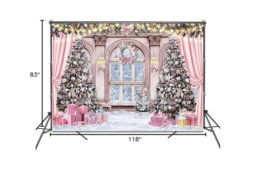 Christmas Backdrop for Photography 10x7ft Christmas Window Snowy Winter Scenery Photography Background Pink Curtain Snowy Forest Outside The Window Family Photo Shoot Booth Props - size: 10x7ft