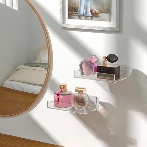 7'' Clear Acrylic Wall Shelf 2 Pack, Acrylic Floating Shelves, Acrylic Small Shelf for Books, Home Décor, Digital Clock, Speaker, Wine Bottle - color: Clear, size: 7 Inch