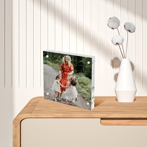 4x4 Acrylic Picture Frame 10 Pack, Clear Picture Frames Double Sided Magnetic Acrylic Frames Freestanding Photo Block Frame Desktop Display Floating Frameless Frame Stand - size: 4"x4"