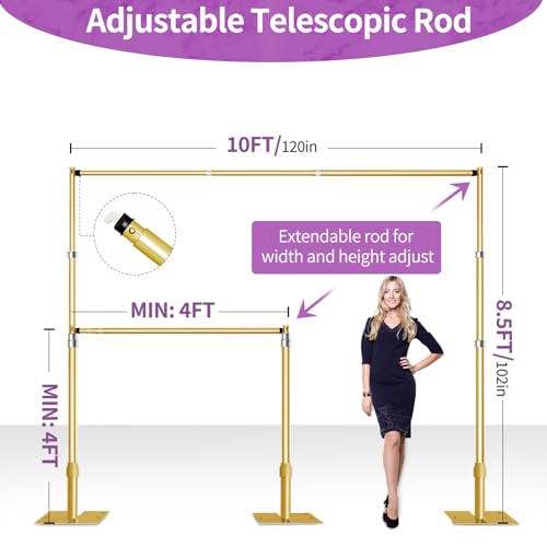 8.5x10 Pipe and Drape Stand Kit, Heavy Duty Backdrop Stand Adjustable, Sturdy Metal Back Drop Decoration Frame with Flat Base for Parties, Flower Wall, Wedding, Event,Trade Shows, Photo Shoot- Gold - color: Gold, size: 8.5ftx10ft