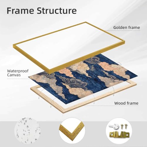 Framed Abstract Dreamy Clouds Canvas Print Vintage Minimalist Aesthetic Wall Art Poster Painting Pictures Elegant Home Decor Wall Decoration for Bedroom Living Room Office Wall Decor (24L"x36W",Gold Framed) - size: 24L"x36W"