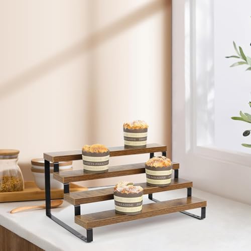 4-Tier Wooden Display Riser Shelf Stand for, Makeup, Cupcake, Condiment & Dolls Collection Home Decor Organizer, Expandable for Pantry/Counter (Brown, 4-Tier) - size: 4-Tier