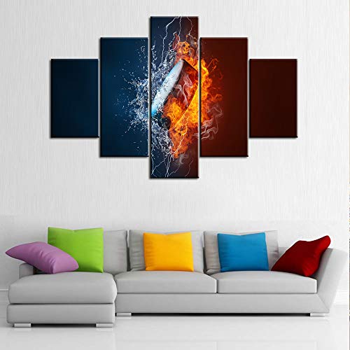 Red and Blue Canvas Wall Art Hockey Puck Exploding by Elements Fire and Water Painting Background for Sports Tournament Poster Modern House Decor Wooden Framed Stretched 5 Panel Tto Hang(60''Wx40''H) - color: Artwork-36, size: 60''W x 40''H