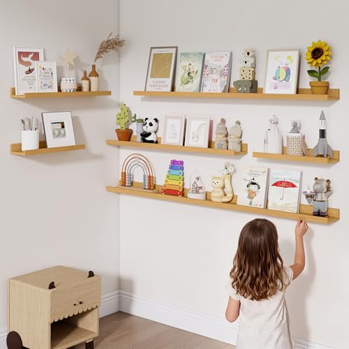 Heimlove Picture Ledge Shelf,48 inch Long Floating Shelves for Wall Set of 2,Picture Shelf with Lip for Wall Decor,Living Room,Bedroom,Bookshelf,Nursery,Perfume,Oak Color - color: Natural Oak, size: 48'', Set of 2