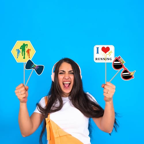 Running Photo Booth Props Decoration 25 PCS Photobooth Kit Sport Run Marathon Cross Country Party Photobooth Props - Holiday Photobooth Prop with 6x4-Inch Sign, 80 Adhesive Pads, 28 Sticks