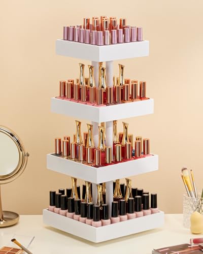 Homde Nail Polish Display Stand and Storage: 360 Degree Rotating Bamboo Rack Organizer, 4 Tier Makeup Holder for Fast Access on Countertop or Vanity for Girls & Women,White - color: White