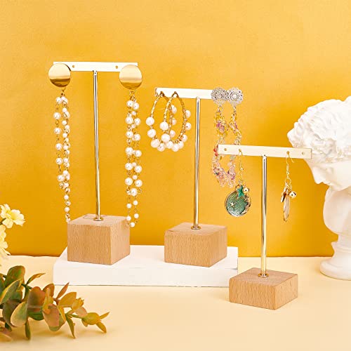FINGERINSPIRE 3 Pcs Gold Metal T Bar Earring Display Stand with Wooden Square Base 4 Holes Jewelry Holders Hanging Earring Organizer for Store Retail Photography Props(4.7 & 5.5 &6.3 inch Height) - color: Gold- Wood Square Base, 4 Holes