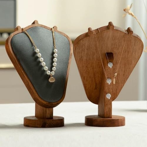 Walnut Color Body Wood Necklace Display Stand with Gray Flannelette Soft Mat Necklace Holder Organizer Desktop Stand for Home Store Dresser-3.3"x5.8"x8.4" - color: Walnut-Gray, size: 3.3"x5.8"x8.4"