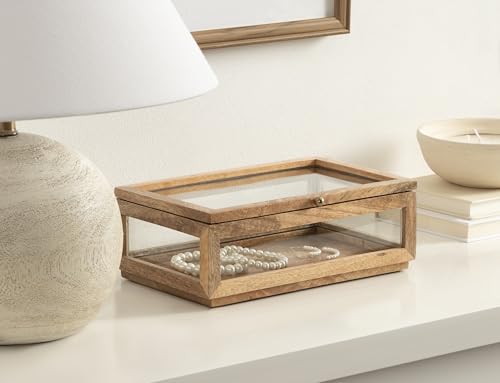 Kate and Laurel Curiel Decorative Glass Box for Tabletop Storage, 10 x 6 x 4, Clear Glass and Natural Wood, Modern Jewelry Box for Use as Bathroom Vanity Organization or Entryway Table Decor