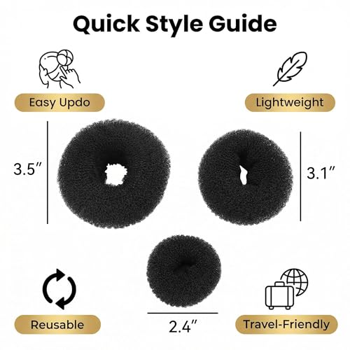 Hair Bun Maker Set, Black Foam Ring Updo Shapers for Smooth Chignon Styles, Lightweight Reusable Form, Easy Pin-and-Wrap Styling Tool, 3 Pieces
